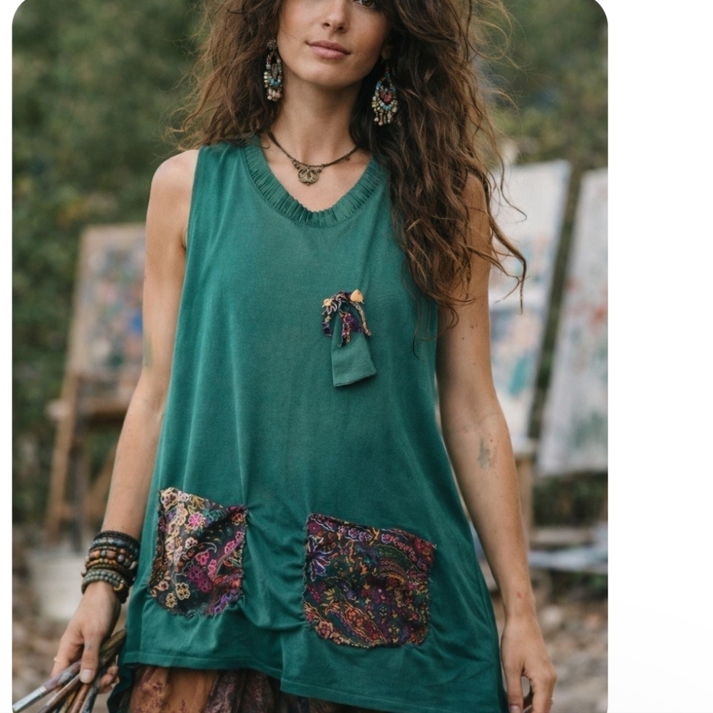 4/$15 Women's Green Sleeveless Top Sheer Festival Plus Beach Boho Kantha